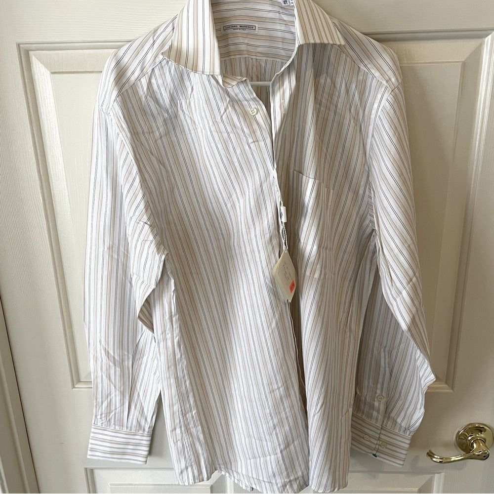 Luciano Moresco Oxford Dress Shirt, White/Cream Striped SZ 16/41